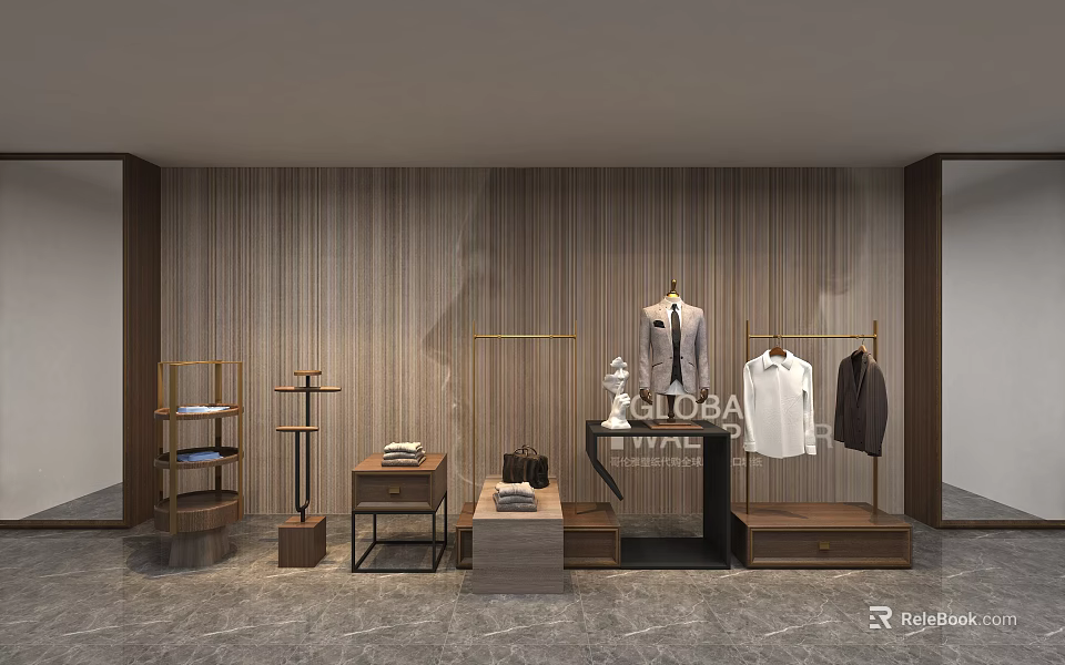 Modern Clothing Hanger Display With Suits Shirts And Wooden Wall Decor 3d model 
