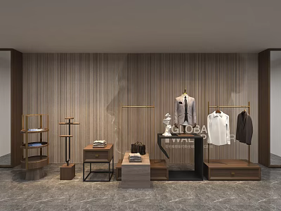 Modern Clothing Hanger Display With Suits Shirts And Wooden Wall Decor 3d model