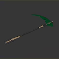 Green Fantasy Scythe Weapon With Golden Accents Black Handle And Glowing Translucent Blades
