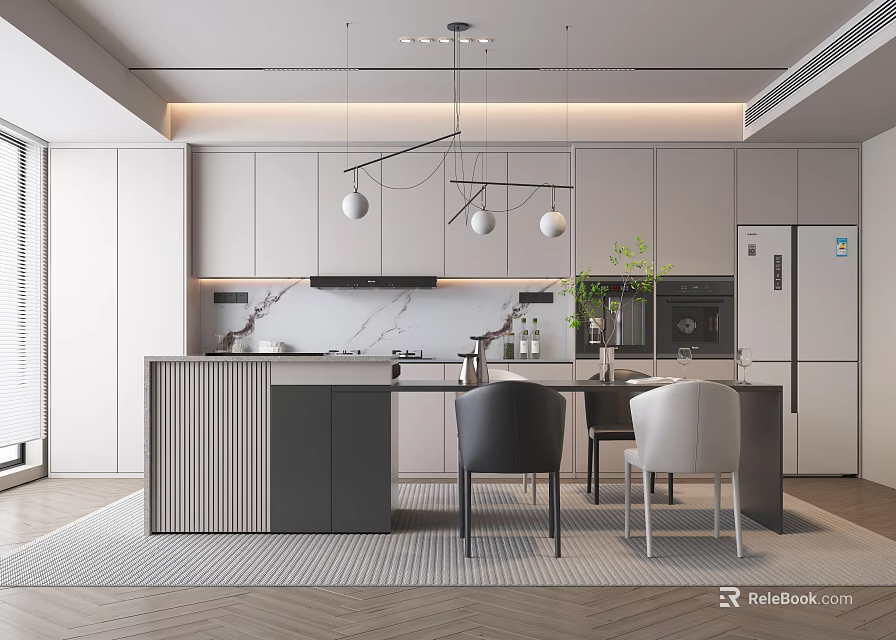 Modern Restaurant Kitchen Interior Design With Island Counter Marble Countertop And Pendant Lights 3d model 