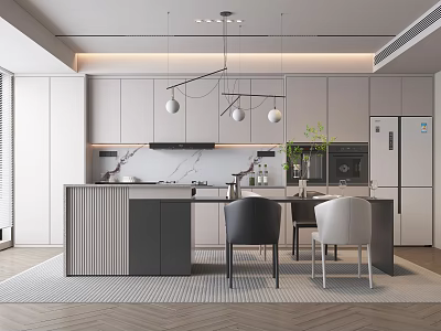 Modern Restaurant Kitchen Interior Design With Island Counter Marble Countertop And Pendant Lights 3d model