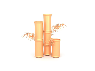 Orange Bamboo Stacked Cylinders Decorative Ornament Set With Leaves 3d model