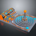3D Mechanical Model With Orange Blue Accents Circular Structure And Central Sphere 3d model