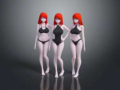 Sculpture Carving Of Three Female Figures With Red Hair And Bikini In Artistic Standing Poses 3d model
