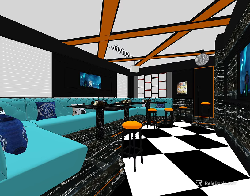 KTV Interior With Turquoise Sofas Black And White Checkered Floor And Orange Stools 3d model