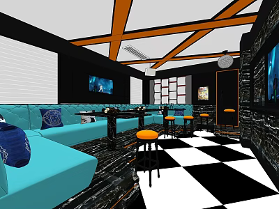 KTV Interior With Turquoise Sofas Black And White Checkered Floor And Orange Stools 3d model