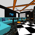 KTV Interior With Turquoise Sofas Black And White Checkered Floor And Orange Stools 3d model