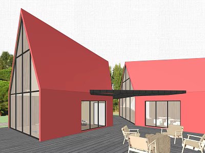 Red Exterior Detached Villa With Gabled Roof Large Glass Windows And Outdoor Terrace 3d model