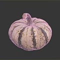 Fresh Ripe Small Round Pumpkin With Green And White Stripes On Dark Background