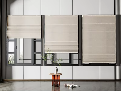 Modern Interior Featuring Light Beige Roman Blinds On Window Panels With White Walls 3d model