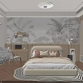 Modern Bedroom Interior With Tropical Leaf Wall Art Bed Desk Chair And Geometric Rug