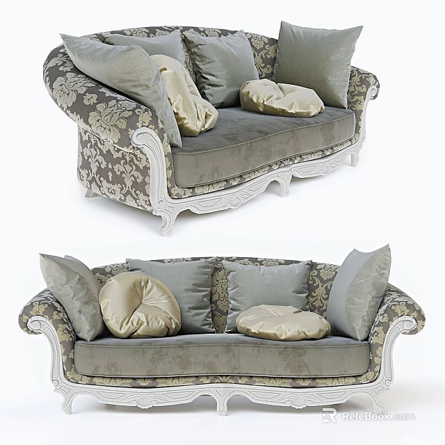 Classic Two Seater Sofa With Floral Pattern Fabric Gray Gold Cushions And White Carved Legs 3d model 