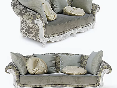 Classic Two Seater Sofa With Floral Pattern Fabric Gray Gold Cushions And White Carved Legs 3d model