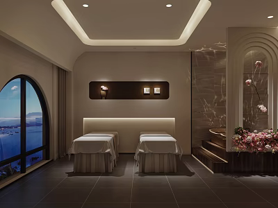 Serene SPA Sauna Space With Two Massage Beds Large Window Scenic View And Marble Wall 3d model