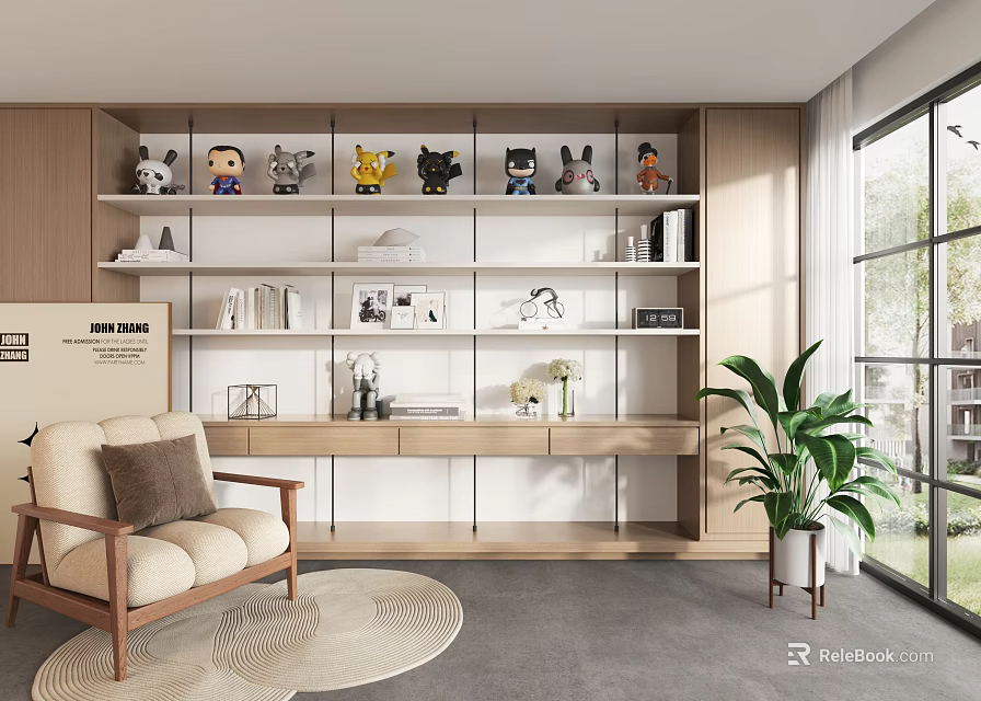 Modern Minimalist Shelf Unit With Decorative Figurines Photo Frames And Potted Plant In Living Room 3d model 