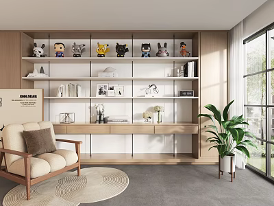 Modern Minimalist Shelf Unit With Decorative Figurines Photo Frames And Potted Plant In Living Room 3d model