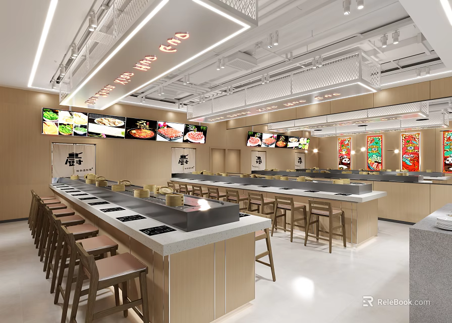 Modern Restaurant Interior Design With Long Counter Bar Stool Seating And Digital Menu Displays 3d model 