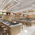Modern Restaurant Interior Design With Long Counter Bar Stool Seating And Digital Menu Displays