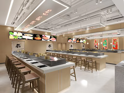 Modern Restaurant Interior Design With Long Counter Bar Stool Seating And Digital Menu Displays 3d model