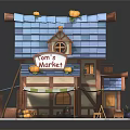 Cartoon Bread Shop Cottage with Blue Tile Roof Yellow Decorations Front Awning and Wooden Barrels