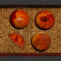 Delicious Chinese Pastries With Red Yellow Crust One Cut Open Showing Filling On Wooden Tray