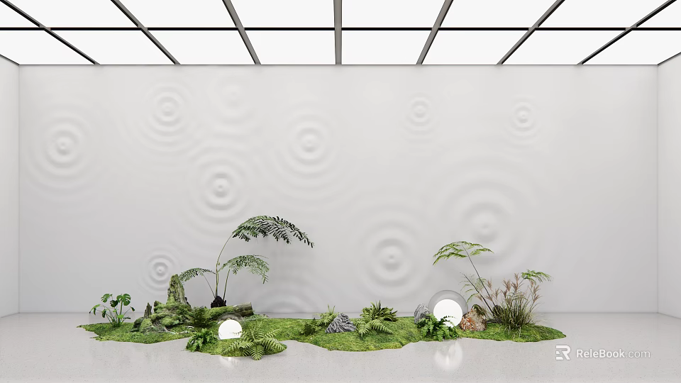 White Feature Wall With Circular Ripple Patterns Green Plants Moss And Round Lights 3d model