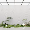 White Feature Wall With Circular Ripple Patterns Green Plants Moss And Round Lights 3d model