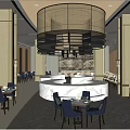Modern Elegant Restaurant Interior Featuring Round Decorative Structure And Blue Dining Chairs 3d model