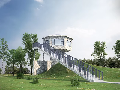Scenic Round Observation Deck With Spiral Staircase On Green Grassland And Trees 3d model