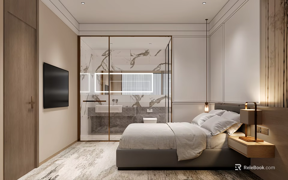 Modern Luxury Hotel Room Interior With King Bed TV Glass Bathroom And Nightstand Lamps 3d model 