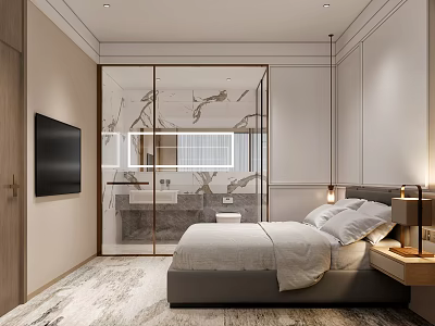 Modern Luxury Hotel Room Interior With King Bed TV Glass Bathroom And Nightstand Lamps 3d model