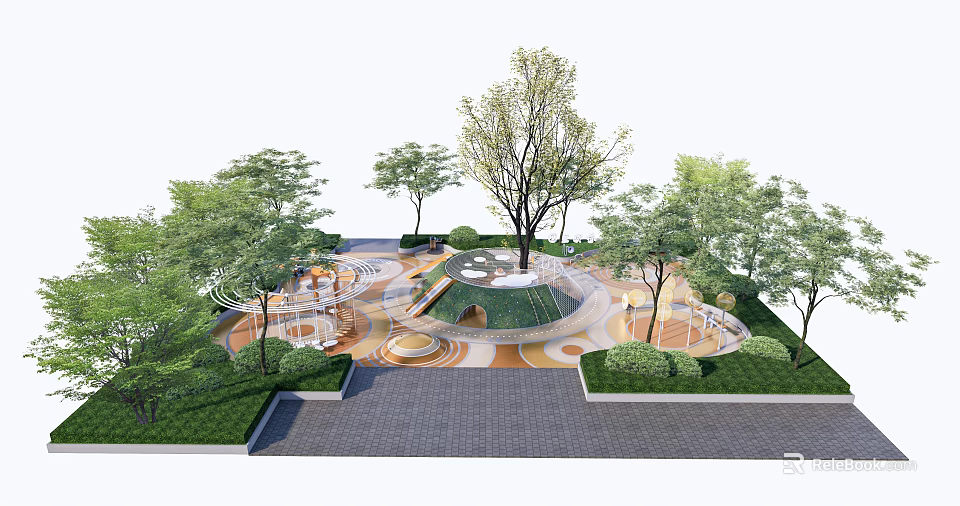 Modern Park Playground With Circular Lawn Paved Ground And Green Trees 3d model 