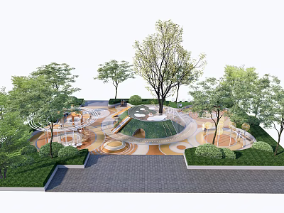 Modern Park Playground With Circular Lawn Paved Ground And Green Trees 3d model