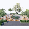 Modern Park Playground With Circular Lawn Paved Ground And Green Trees