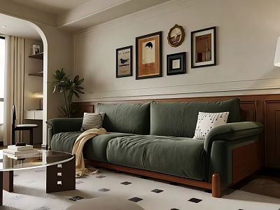 Warm Vintage Living Room With Dark Green Upholstered Sofa And Charming Gallery Wall Art 3d model