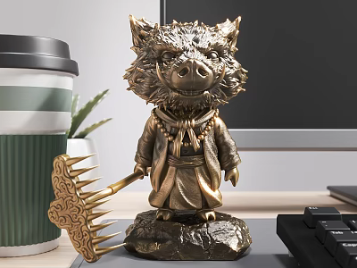 Golden Wild Boar Decorative Figurine Set Holding Trident For Tabletop Home Decor 3d model