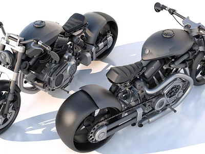 Two Custom Black Vintage Motorcycles With Sleek Body And Classic Engines 3d model