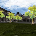 Traditional Ancient Architecture Courtyard With Hanging Lanterns Curved Roofs And Wooden Pavilions