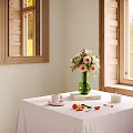 Elegant Decorative Ornament Set With Green Vase Flowers Pink Cup And Wooden Windows Scenic View
