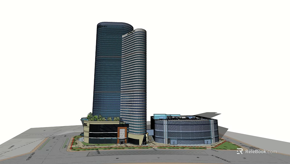 Modern High Rise Office Buildings With Glass Facade And Commercial Plaza Design 3d model 