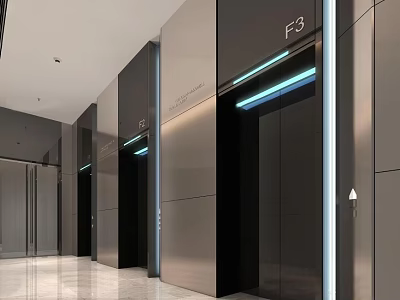 Modern Elevator Hallway Design With Metallic Panels Floor Numbers And LED Lighting 3d model