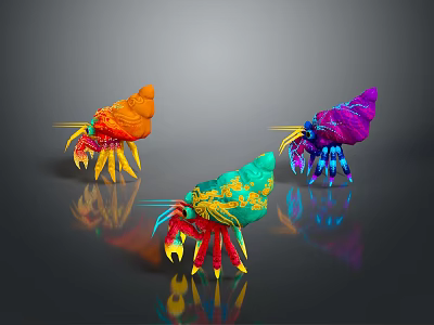 Colorful Hermit Crabs With Brightly Colored Shells And Yellow Antennae Showing Reflections On Dark Surface 3d model
