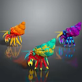 Colorful Hermit Crabs With Brightly Colored Shells And Yellow Antennae Showing Reflections On Dark Surface
