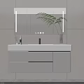 Modern Bathroom Vanity with Large Mirror Light Gray Wall White Countertop Green Plant and Drawers