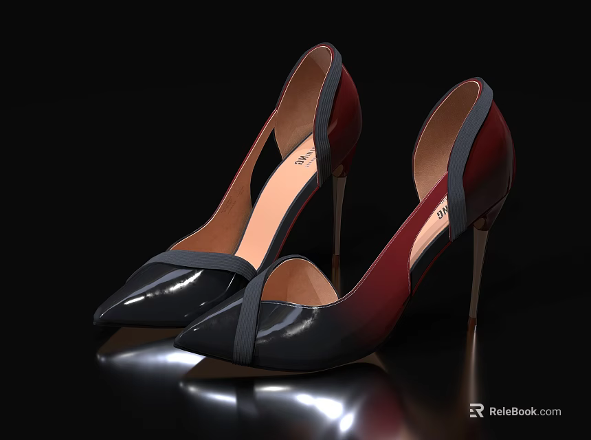 Stylish Pointed Toe Stiletto Heels With Black And Burgundy Cross Strap Design For Women 3d model 