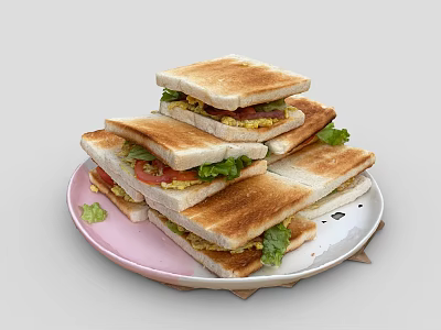 Delicious Grilled Sandwiches With Fresh Lettuce Tomato And Egg On Pink Plate 3d model