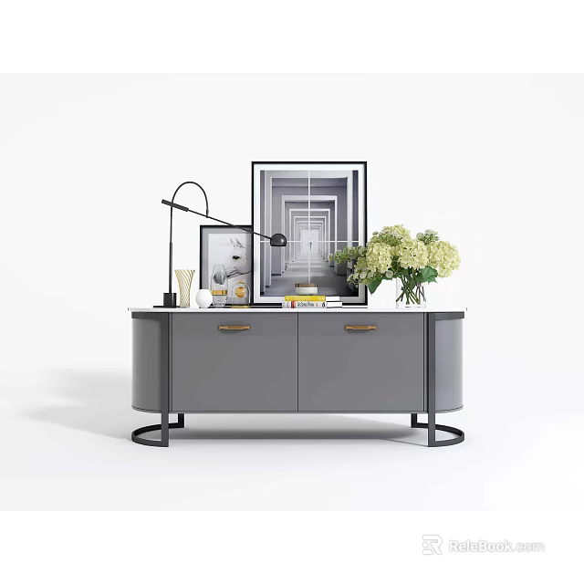 Gray Sideboard With Gold Handles Metal Base Table Lamp Photo Frame And Flower Bouquet 3d model 