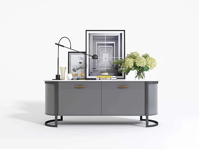 Gray Sideboard With Gold Handles Metal Base Table Lamp Photo Frame And Flower Bouquet 3d model