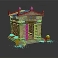 Classical Stone Temple Structure With Ornate Roof Entrance Steps And Decorative Vases