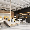 Modern Pantry Room With Swing Sofa Yellow Gray Cushions Black Cabinets Counter Plants White Tables